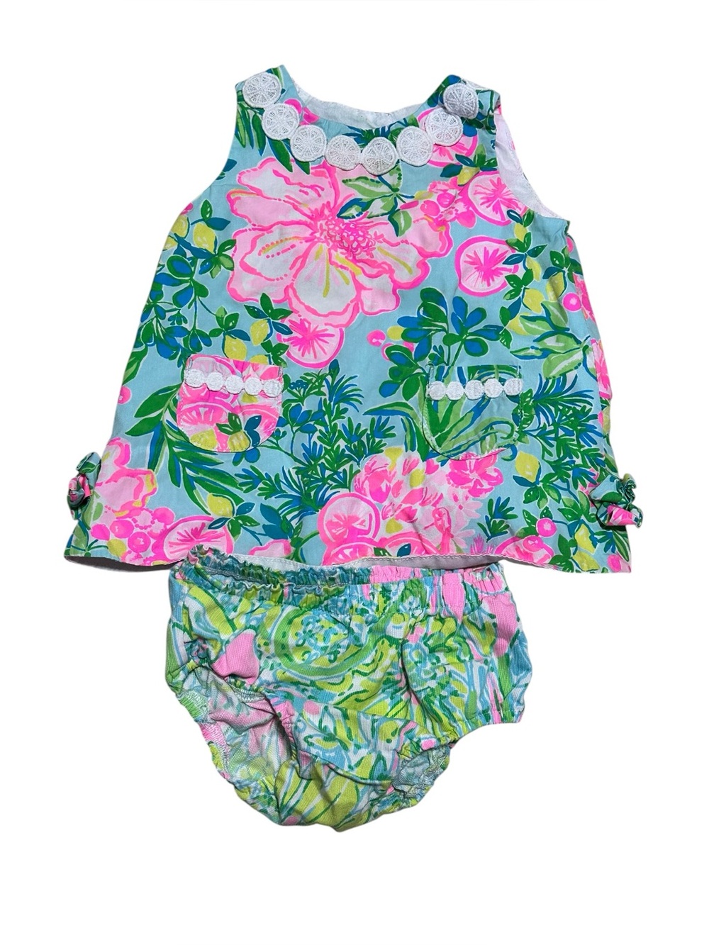 Lilly Pulitzer Bright Floral Baby Dress Set in Aqua & Pink 6-12 month